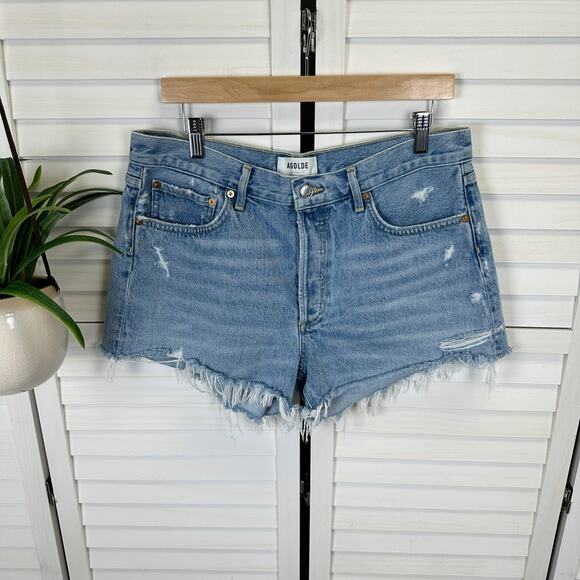 Agolde Parker Vintage Cut Off Short Medium Wash Blue Denim‎ Fray Size 30 Revolve - Picture 1 of 11